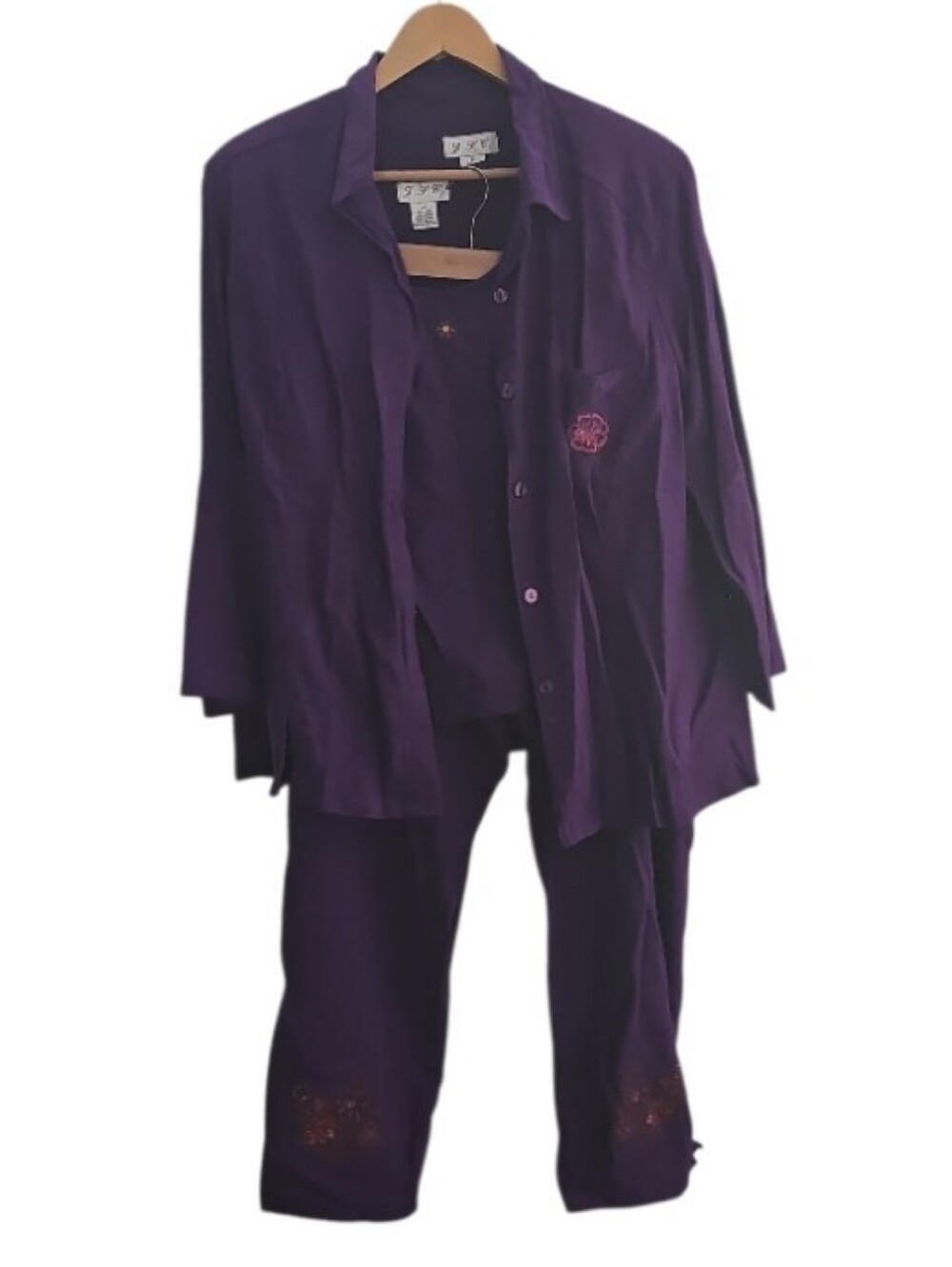 J.J.C. Purple Linen Rayon 3 Piece Pant Set Women 2X Embroidered Casual Outfit